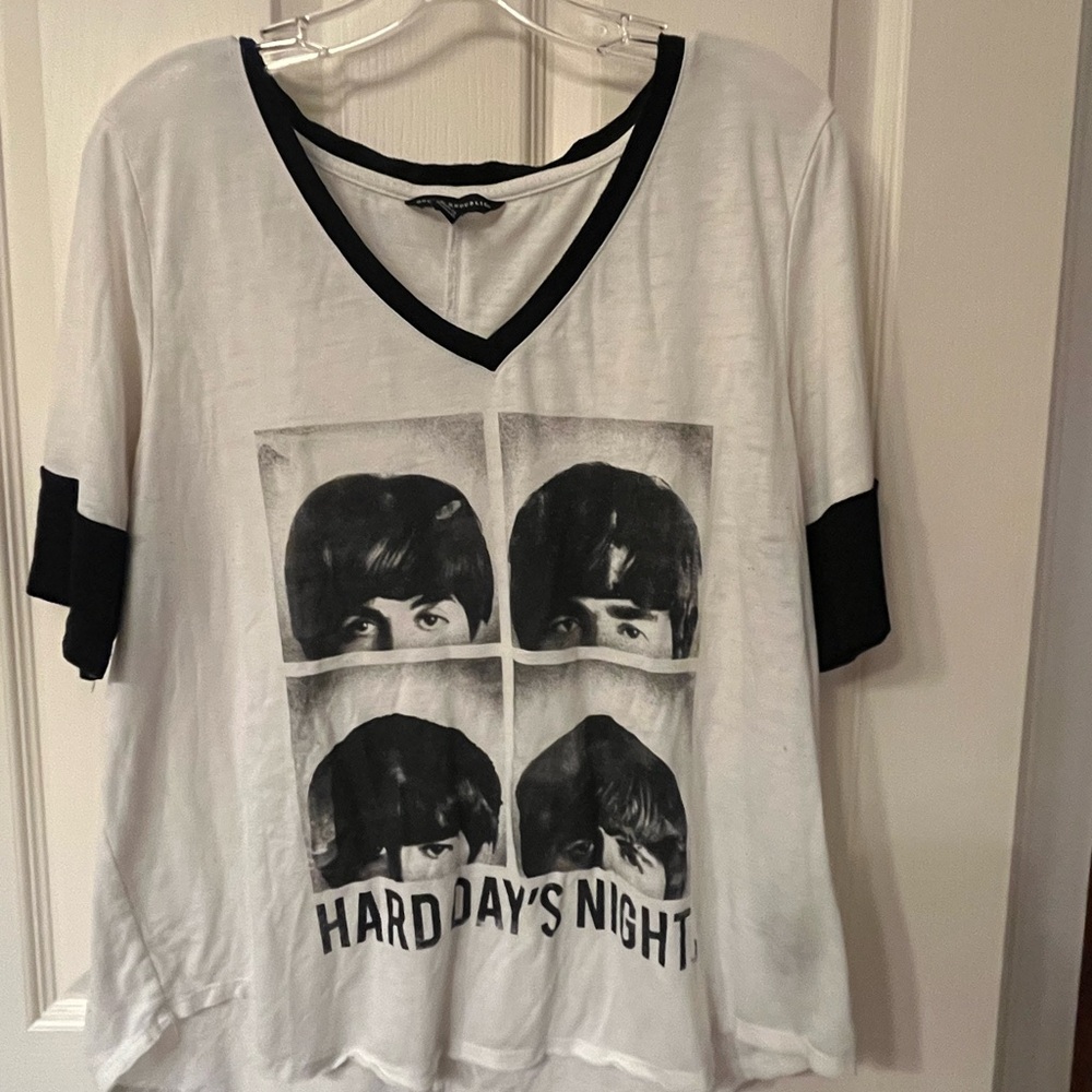 Rock & Republic White Tee with Black Trim, Beetles Hard Days Night graphic